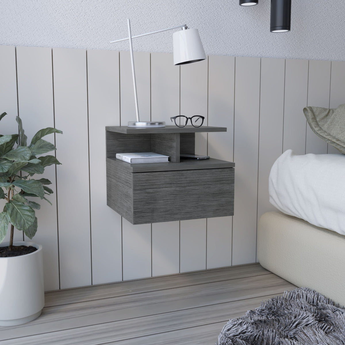 TUHOME CONCEPT Mesita de noche flotante Adele de 36 cm con cajón, roble gris