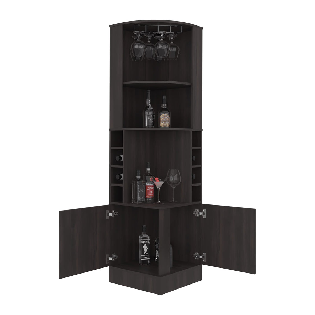Mueble bar esquinero Kava Beijing de 181 cm con 2 puertas y botellero, marrón oscuro