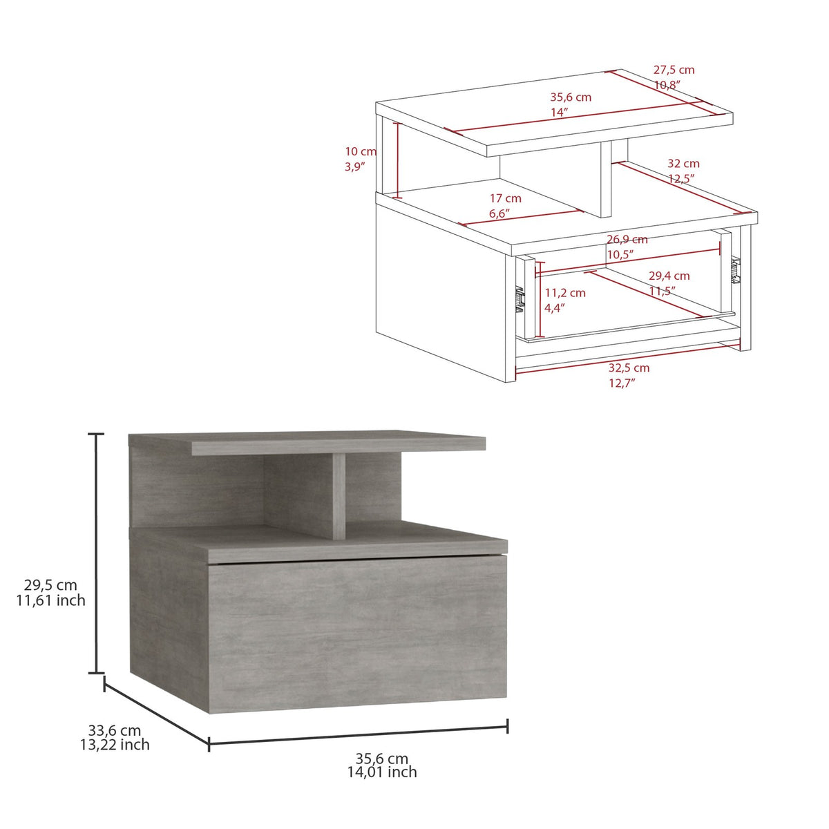 TUHOME CONCEPT Mesita de noche flotante Adele de 36 cm con cajón, cemento