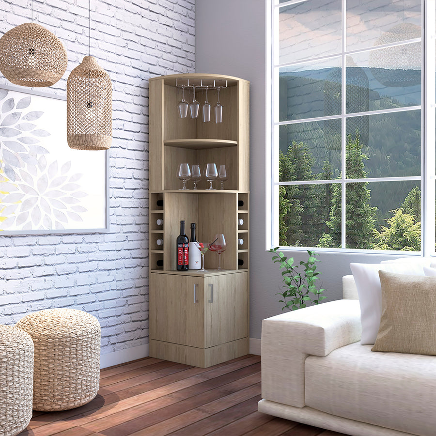 Mueble bar esquinero Kava Beijing de 181 cm con colgador de copas y 2 puertas, roble claro
