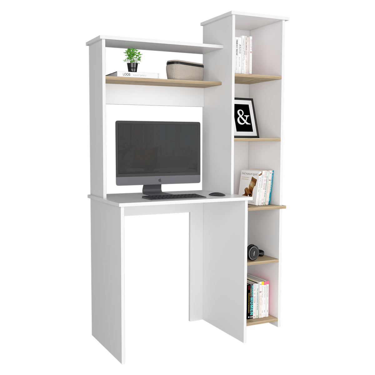 TUHOME CONCEPT Escritorio Heinrich de 98 cm con estantería, blanco y roble claro