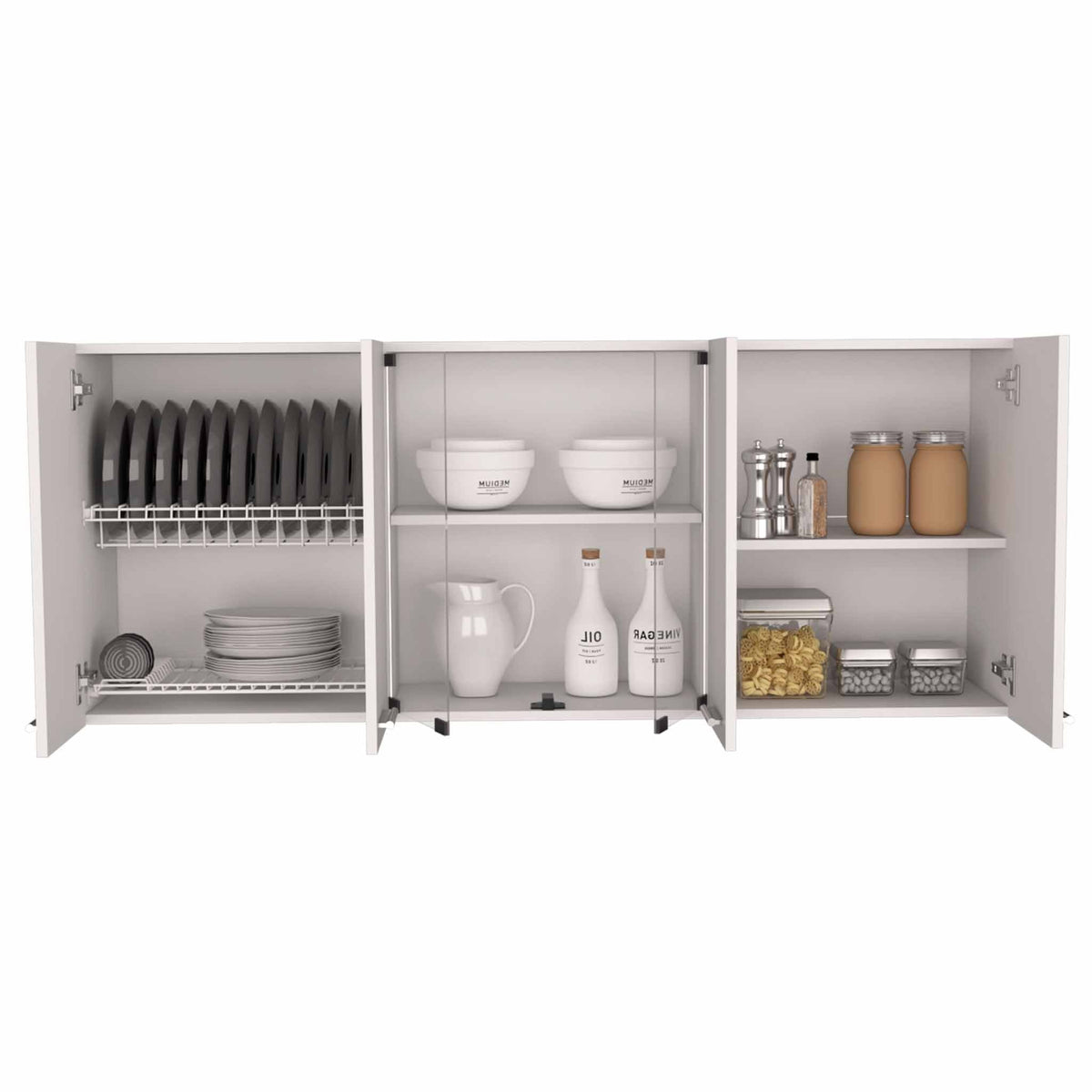 TUHOME CONCEPT Mueble alto de cocina de 150 cm con escurreplatos, 2 puertas de cristal y 4 puertas, blanco