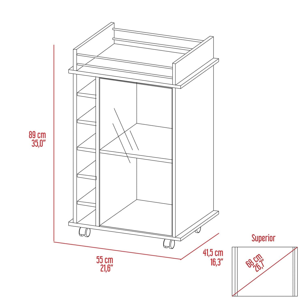 TUHOME CONCEPT Carrito de bar Dukat de 55 cm con puerta de cristal, botellero y ruedas, gris carbón