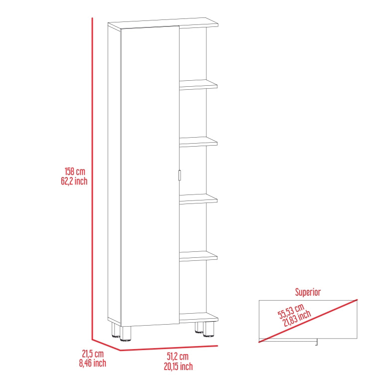 Columna de baño Urano 158 cm, 1 puerta y 5 estantes abiertos