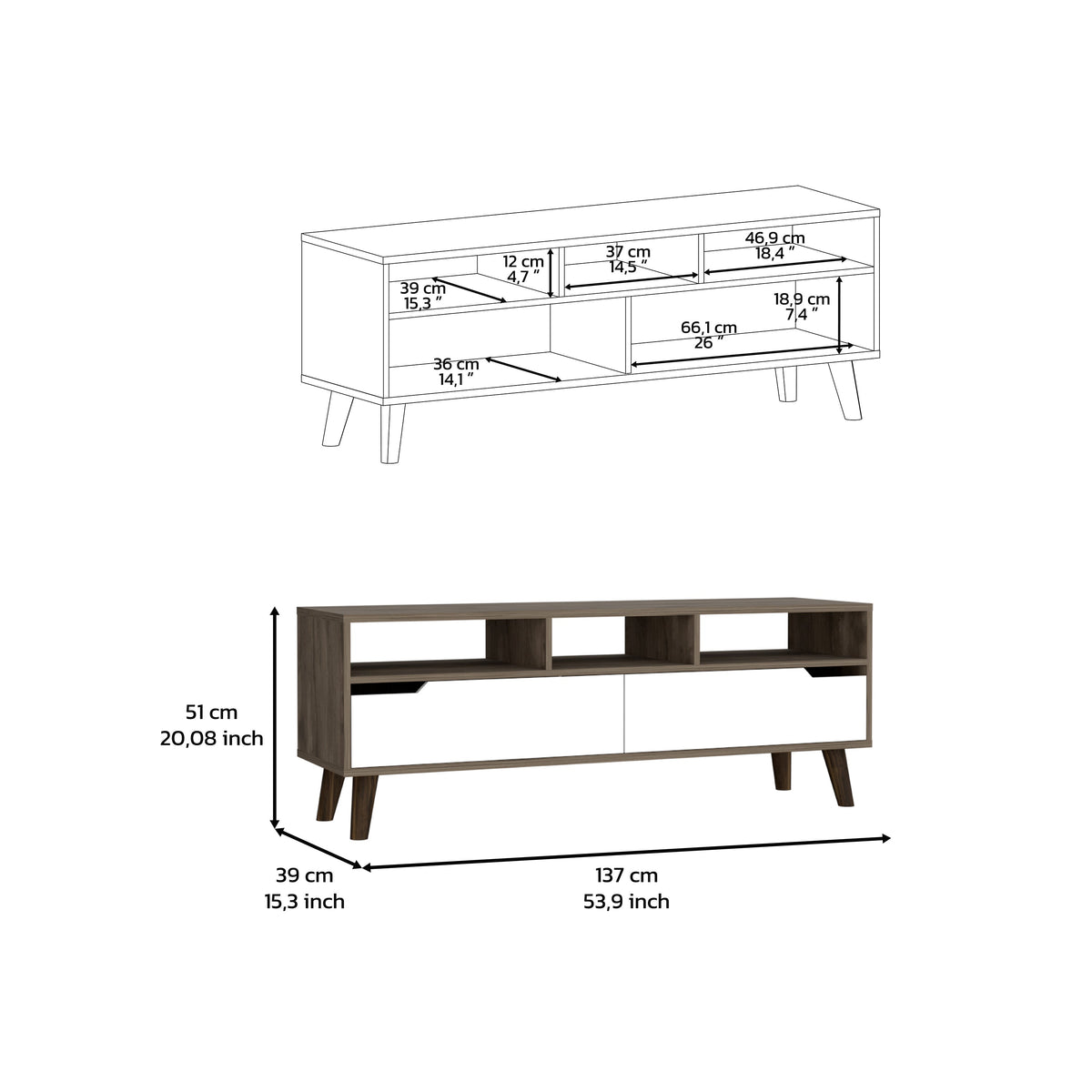 TUHOME CONCEPT Mueble de TV Oslo de 137 cm, roble oscuro y blanco