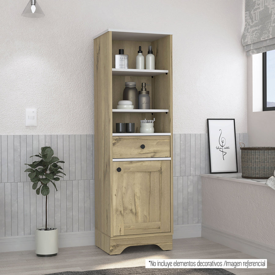 Columna de baño Malaga de 142 cm con 1 puerta y 1 cajón, blanco y roble arena