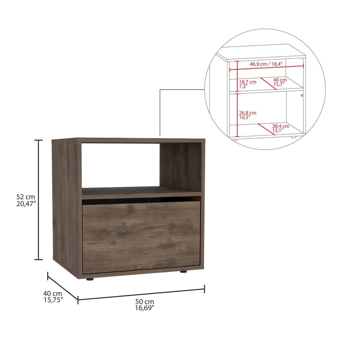 TUHOME CONCEPT Mesita de noche Galanto de 50 cm, roble oscuro