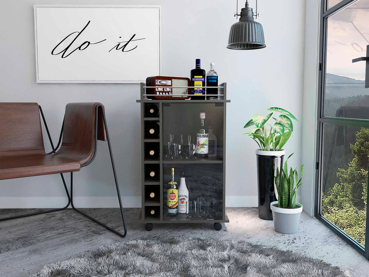 TUHOME CONCEPT Carrito de bar Dukat de 55 cm con puerta de cristal, botellero y ruedas, gris carbón