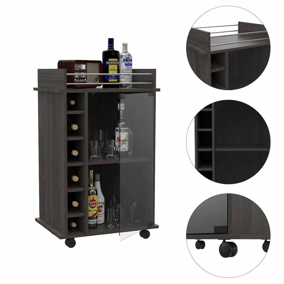 TUHOME CONCEPT Carrito de bar Dukat de 55 cm con puerta de cristal, botellero y ruedas, gris carbón