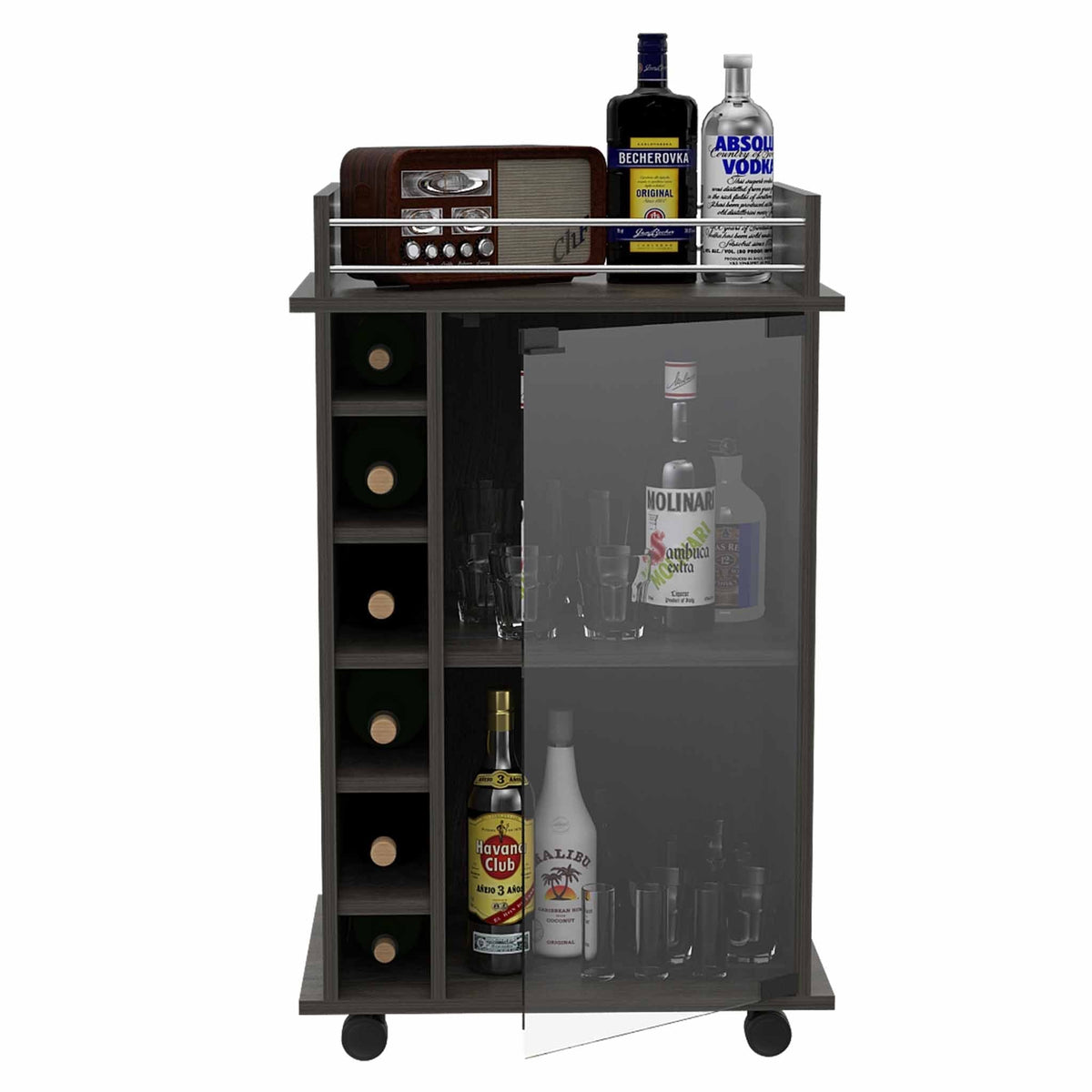TUHOME CONCEPT Carrito de bar Dukat de 55 cm con puerta de cristal, botellero y ruedas, gris carbón
