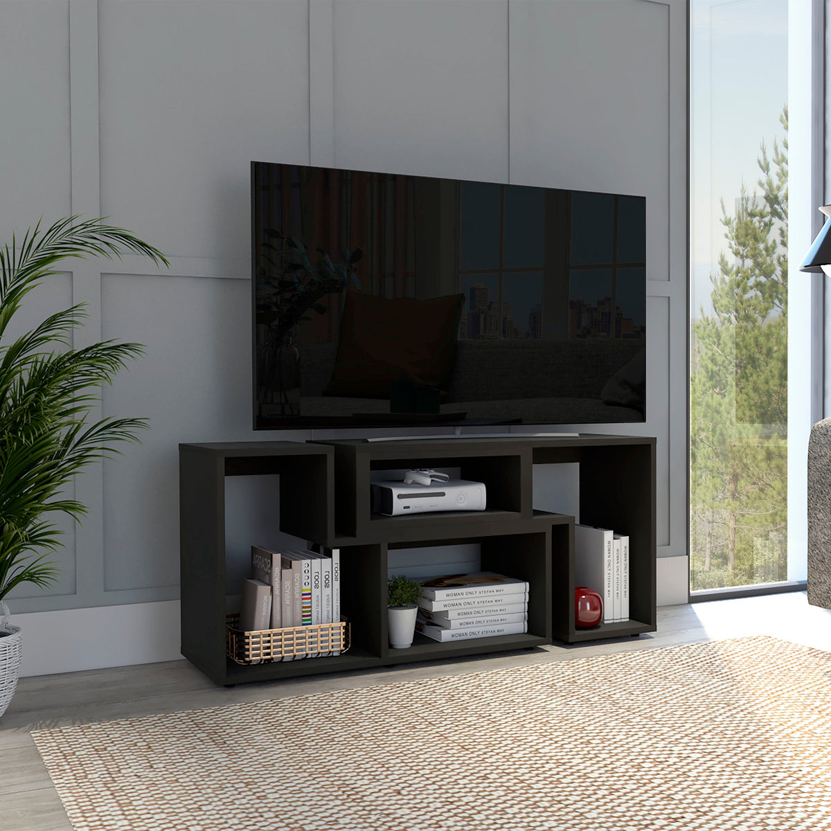 Mueble de TV extensible Beijing de 120 cm con huecos abiertos, wengué, foto 7 – TUHOME